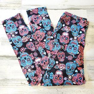 Candy Skull Women's Leggings Halloween Pink Blue OSFM